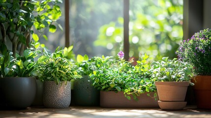 Fototapeta premium Collection of Vibrant Potted Plants Bathed in Natural Sunlight Near a Window