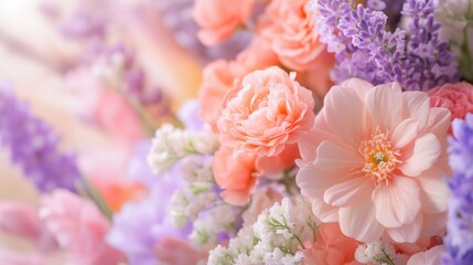 Elegant pastel coral and lavender flowers arranged beautifully for a fresh spring display