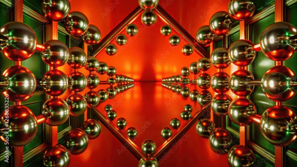 Poster abstract geometric pattern with metallic spheres and red background