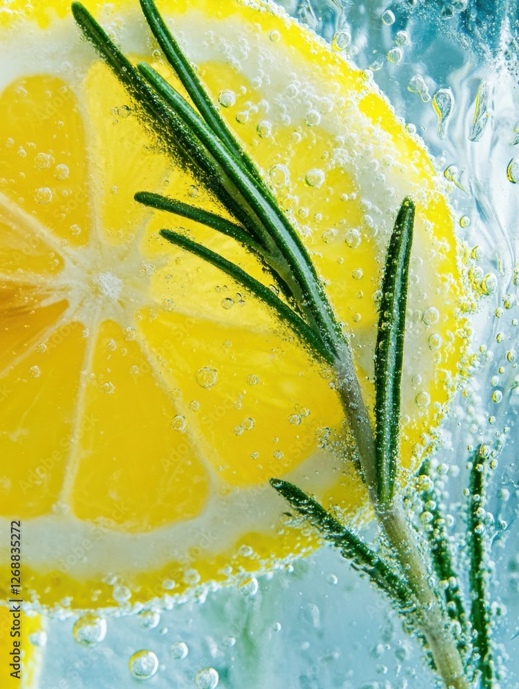Poster close-up view of refreshing lemonade with lemon slice and sprig of rosemary sitting in a clear glass