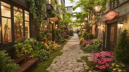 Naklejka premium Charming European-Style Alleyway with Blooming Flowers and Cobblestone Path