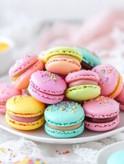 Fototapeta premium Colorful stack of macarons with sprinkles displayed on a plate