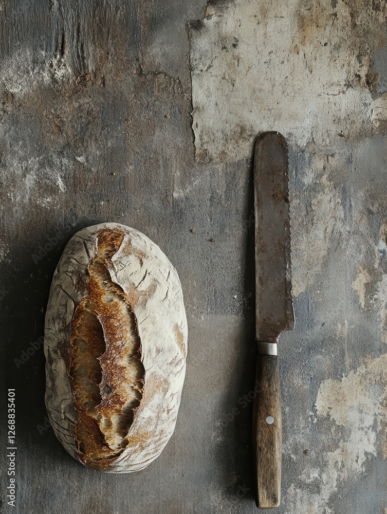 Poster freshly baked sourdough bread resting beside a rustic knife on a textured surface