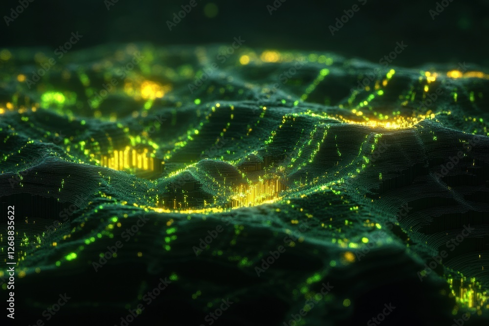 Poster Vibrant green and yellow lights illuminate a dynamic, abstract landscape during a digital art creation at night. Generative AI