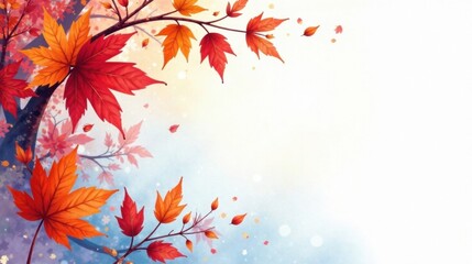 Autumnal Branch with Vibrant Red and Orange Leaves Falling Gently on a Soft White Background
