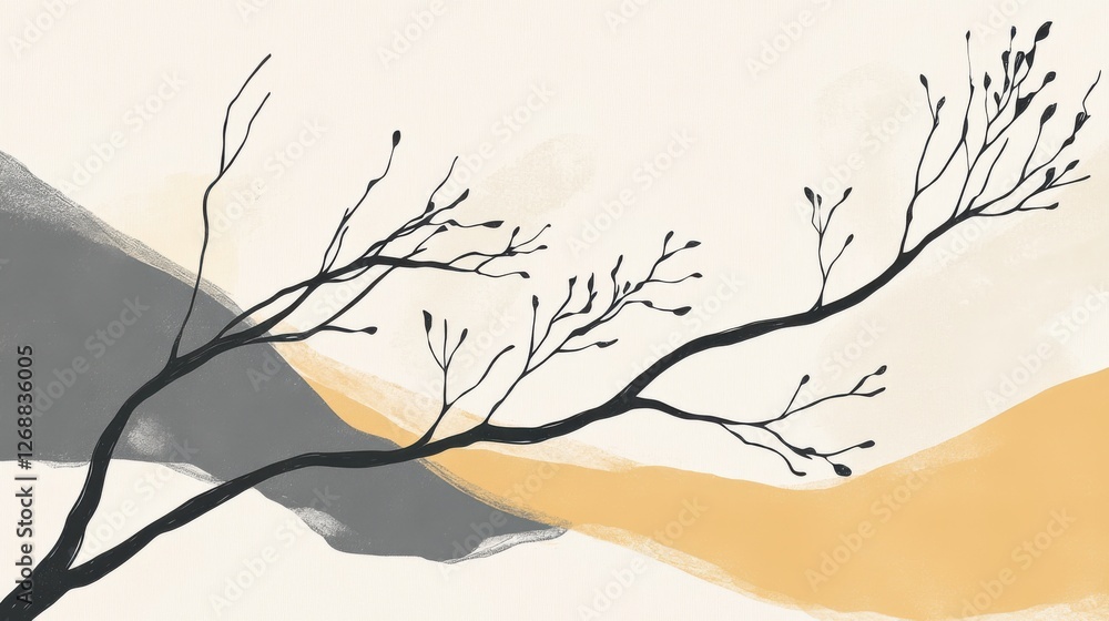 Poster Abstract silhouette of a tree branch against muted background with gentle hues and flowing shapes