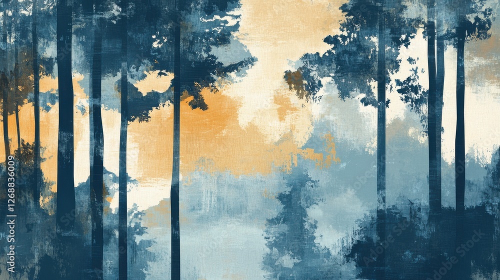 Poster muted abstract silhouette of a forest at dawn with soft hues and a serene atmosphere