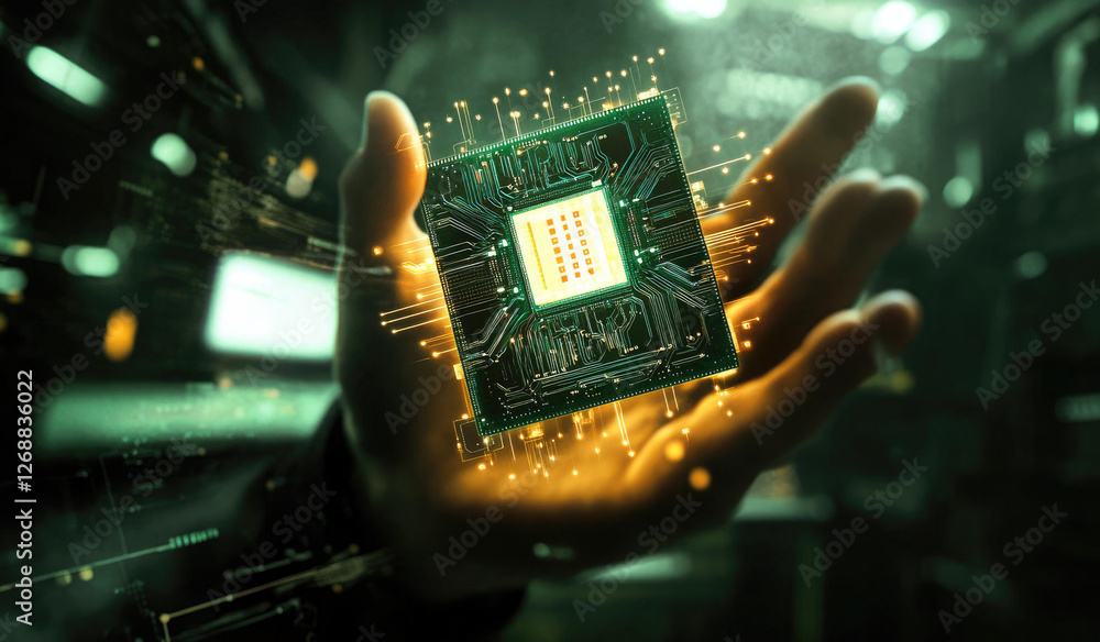 Poster a hand holding a futuristic microchip with glowing circuitry and data streams