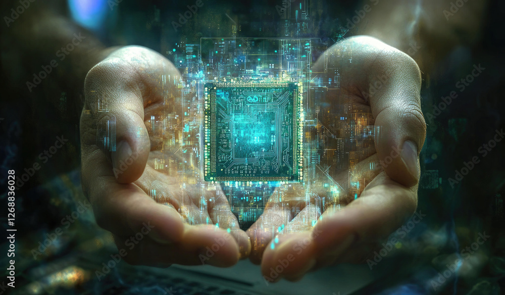 Poster human hands gently holding a futuristic microchip circuit board with glowing digital data streams
