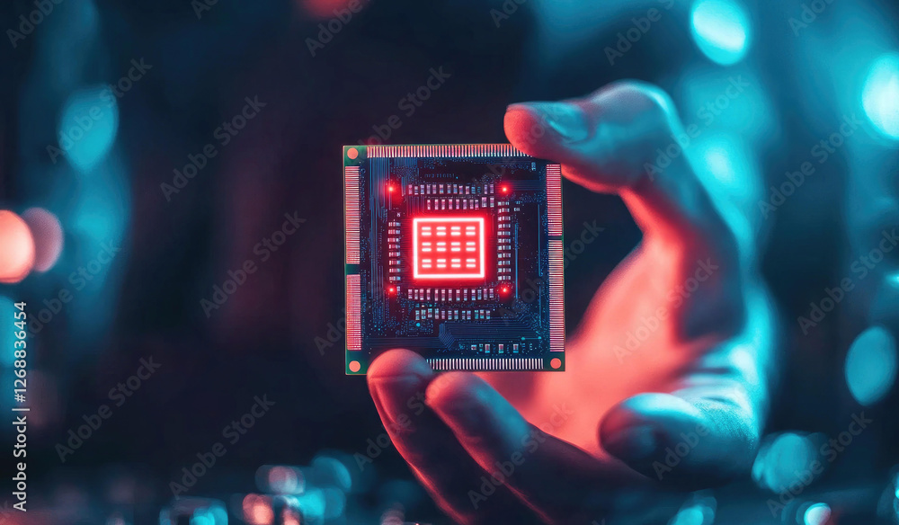 Poster closeup of a hand holding a modern microprocessor chip with glowing red internal components in a fut