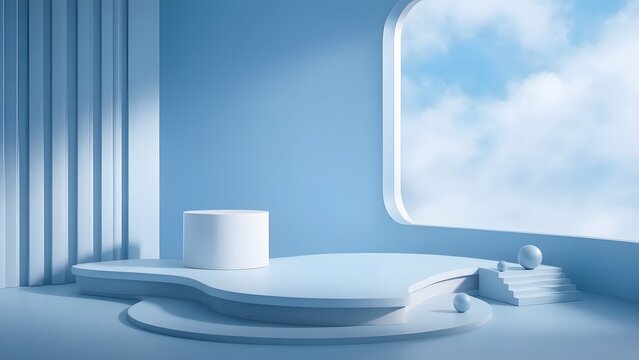 Fototapeta A futuristic and minimalist interior with soft curved platforms, a large window showcasing a sky view, and an elegant blue-toned aesthetic, symbolizing modern luxury and artistic architecture.
