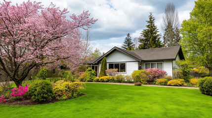 Obraz premium Springtime home surrounded by lush greenery and blooming trees, embodying serene natural beauty.