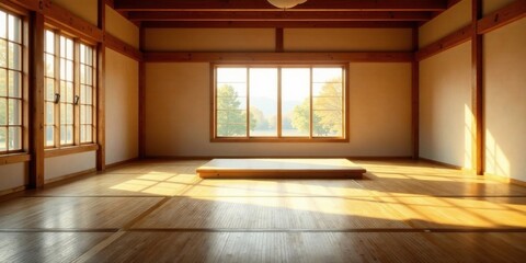 Fototapeta premium Serene Minimalist Room with Sunlight Streaming Through Large Windows and a Simple Wooden Platform