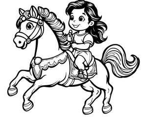 Cheerful Young Girl Riding a Carousel Horse in Black and White