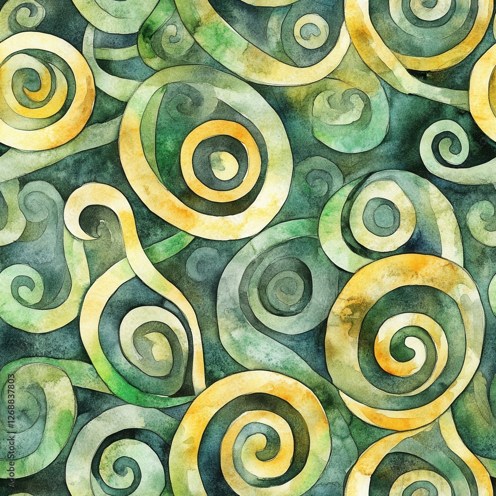Poster whimsical doodle cartoon drawings in watercolor with vibrant swirls and patterns on a green backgrou