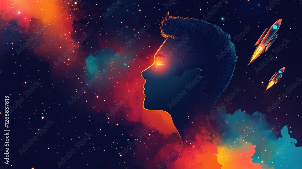 Aufkleber vibrant visualization showcasing a man's profile against a cosmic backdrop with rockets in motion
