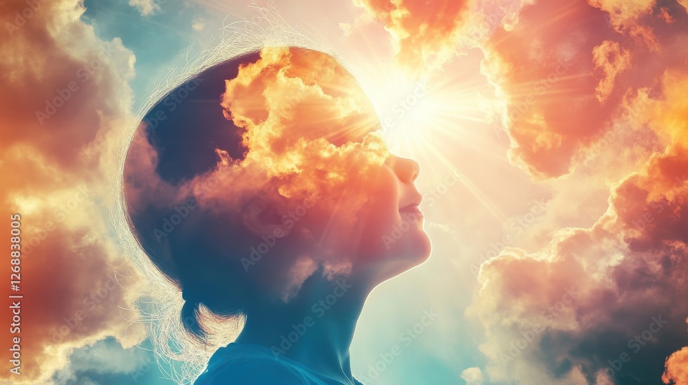 Poster Vibrant visualization of a child's profile with clouds and sunlight creating a dreamlike atmosphere in the sky