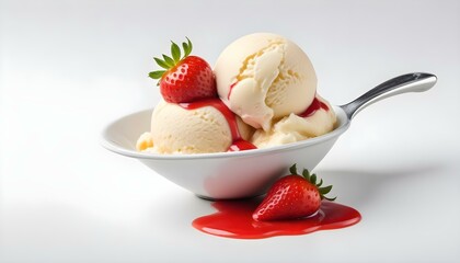 Vanilla ice cream scoop with strawberry sauce isolated on white background