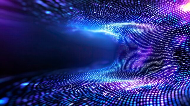 Digital tunnel with light emerging against an abstract purple technology background