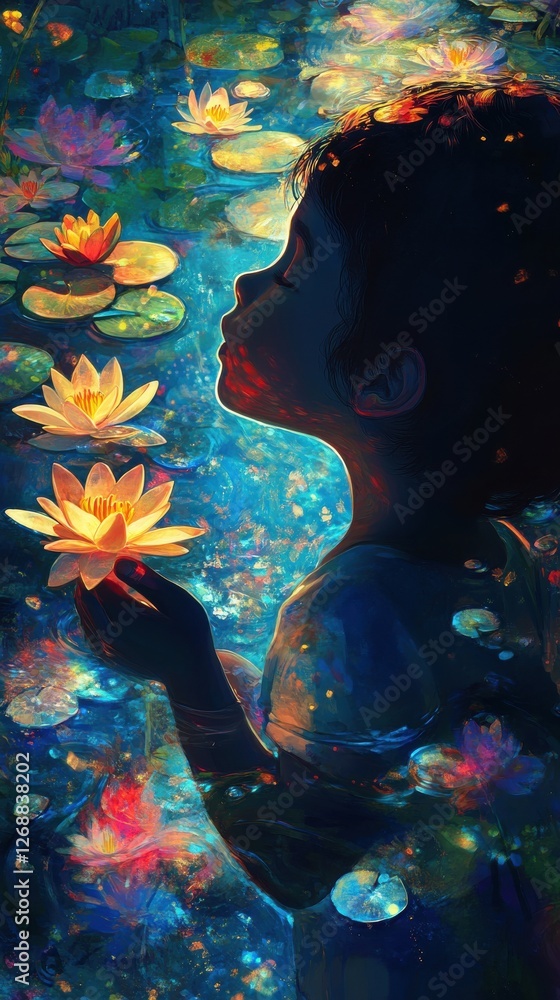 Poster vibrant visualization of a glowing child admiring water lilies in a serene pond during twilight
