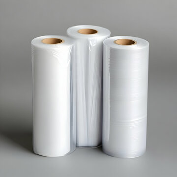 Three rolls of plastic wrap on grey background, packaging supplies