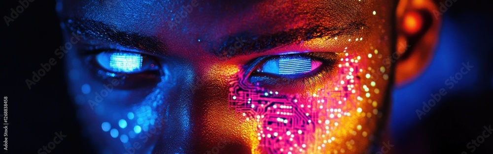 Poster Portrait of a man's face illuminated with vibrant lights and intricate digital patterns showcasing technology and creativity