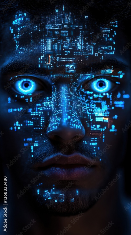 Poster Vibrant portrait of a man with glowing blue circuitry patterns on his face in a dark setting