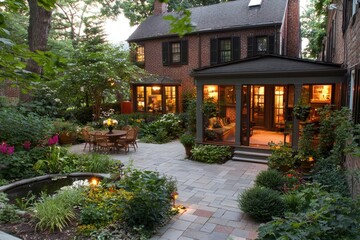 Fototapeta premium Serene Backyard Oasis with Brick House and Screened Porch at Dusk