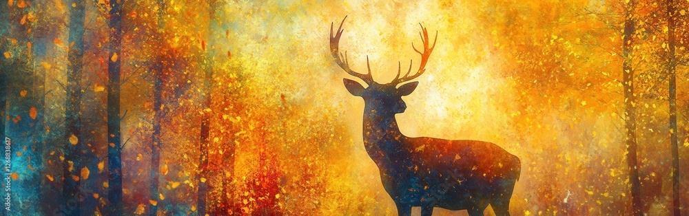 Poster silhouette of a glowing deer amidst vibrant autumn colors in a serene forest setting during twilight