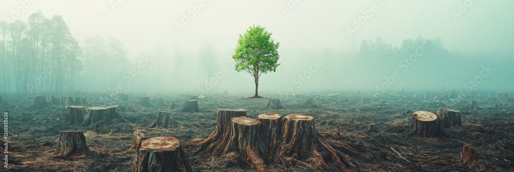 Poster Unique solitary tree stands in the middle of a deforested area with stumps surrounded by fog. Generative AI