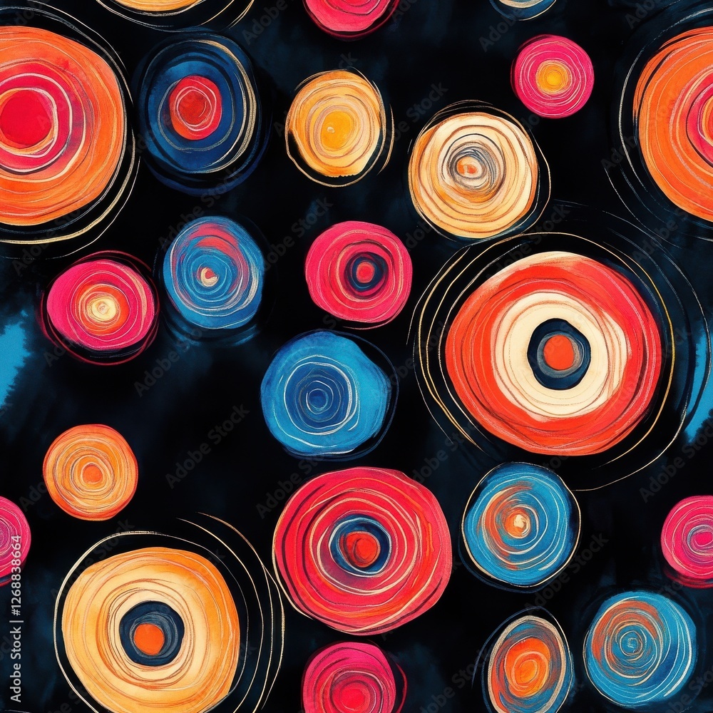 Poster vibrant watercolor doodles of colorful circles on a dark background capturing the essence of playful