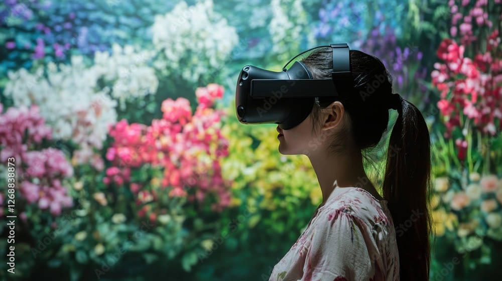 Poster user explores a vibrant spring-themed museum using virtual reality technology for an immersive exper
