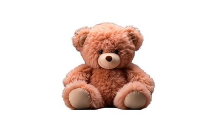 Obraz premium Plush Teddy Bear Sitting on Table, Cute and Cozy Toy for Kids in Pink Room, isolated on transparent background.