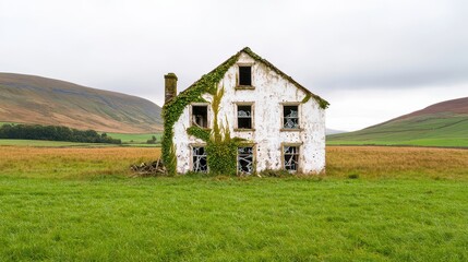 Obraz premium Abandoned House in Countryside Concept, Abandoned Derelict Farmhouse Surrounded by Nature with Collapsed Walls and Overgrown Ivy in Rural Landscape