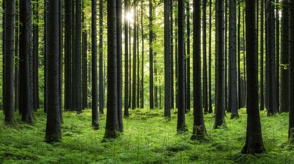Fototapeta premium A serene forest scene with tall trees, lush greenery, and sunlight filtering through the leaves, creating a peaceful natural atmosphere.