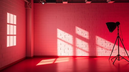 Empty Photography Studio with Brick Wall, Natural Light, and Studio Lighting.