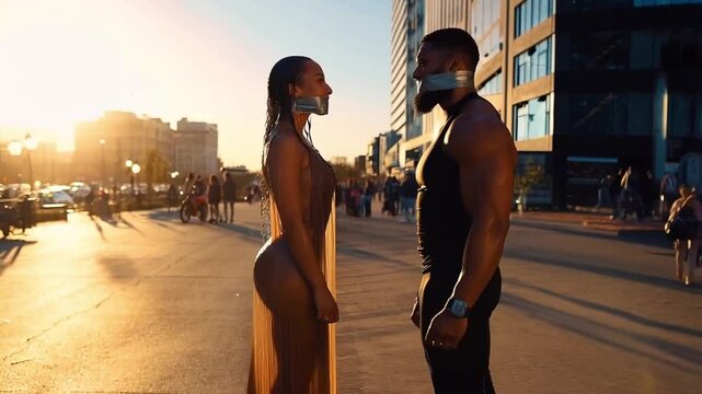 A sexy woman and an attractive man with their mouths sealed with duct tape stand opposite each other on a city street.