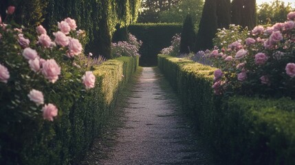 Tranquil garden pathway lined with blooming roses and lush greenery during golden hour