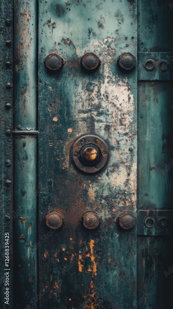 Poster tarnished metal surface displaying hues of muted green with prominent rivets and a central knob in a