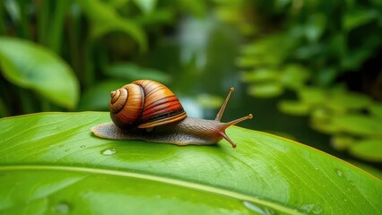 Snail resting on a wet green leaf with a canal in the background, leaf, canal, green