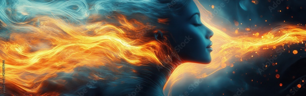 Aufkleber surreal glowing representation of a woman with fiery hair and an ethereal presence in a mystical set