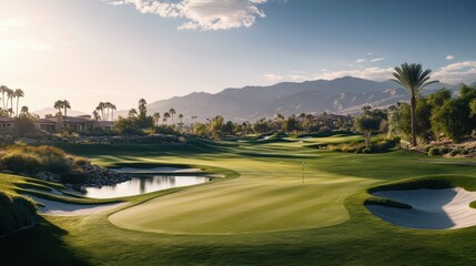 Serene Golf Course Landscape with Mountain View