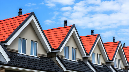 Row of houses, red tile roofs, blue sky, residential development, real estate
