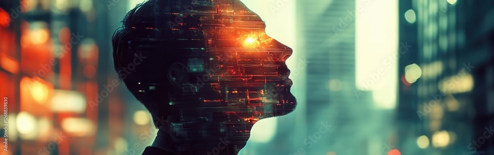 Poster surreal representation of a glowing man with a digital effect in a bustling cityscape during twiligh