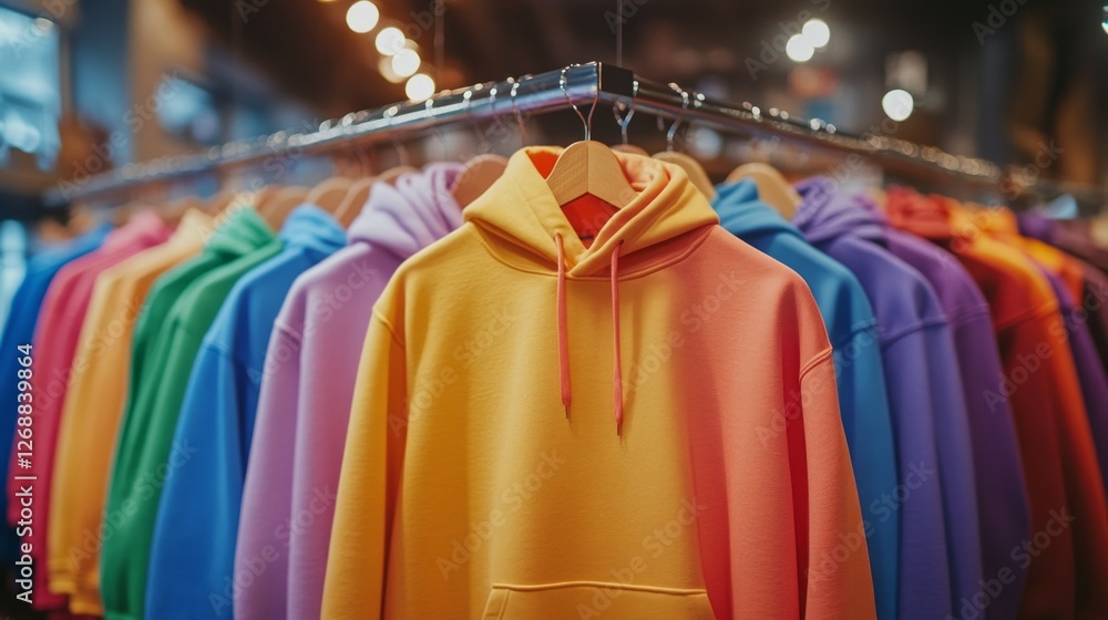 Poster hanging in a stylish boutique, numerous youth sweaters and hoodies showcase an array of vibrant colo