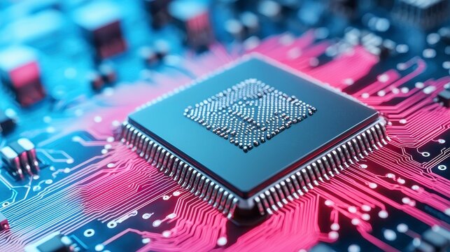 Close-up of a cpu chip mounted on a computer circuit board with integrated electronic components