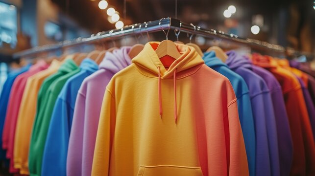 Hanging in a stylish boutique, numerous youth sweaters and hoodies showcase an array of vibrant colors, creating an inviting atmosphere