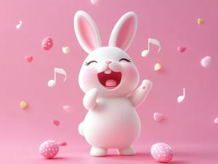Fototapeta premium Cute rabbit celebrating with colorful eggs and music notes