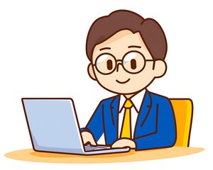 Cartoon businessman working on a laptop in a modern office setting