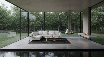 Fototapeta premium Modern Living Room with Fireplace and Nature View Interior Design